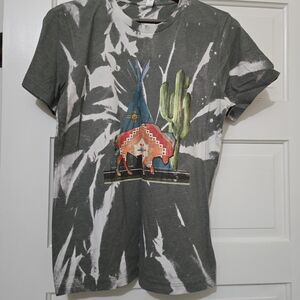 Gray Tie-Dye Graphic Tee with Cactus and Teepee